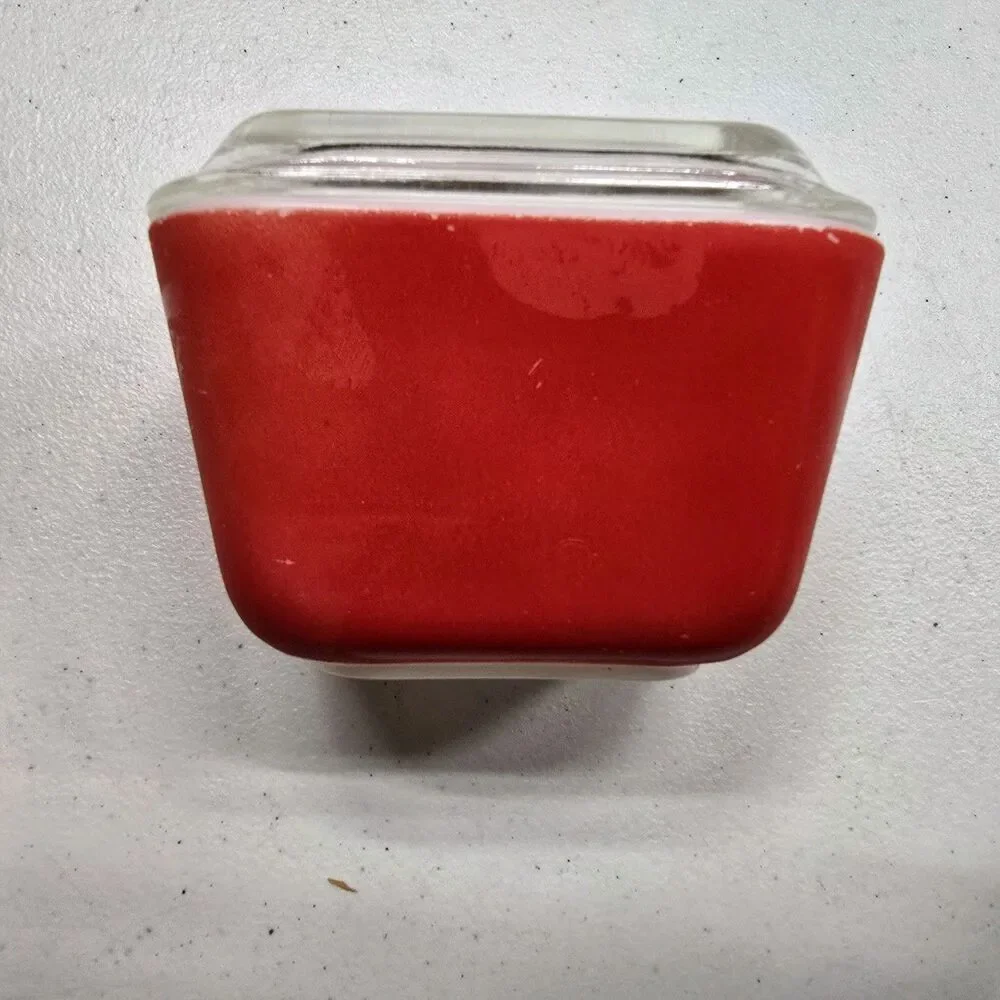 Vintage Glass Pyrex 501C Refrigerator Dish Small 3x5 Red With Glass Top